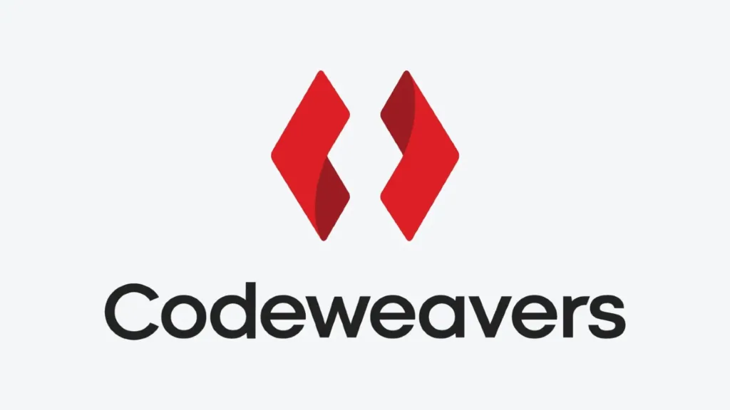 Logo da CodeWeavers com símbolo vermelho em formato de duas setas e o nome 'Codeweavers' em preto