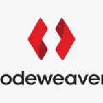 Logo da CodeWeavers com símbolo vermelho em formato de duas setas e o nome 'Codeweavers' em preto