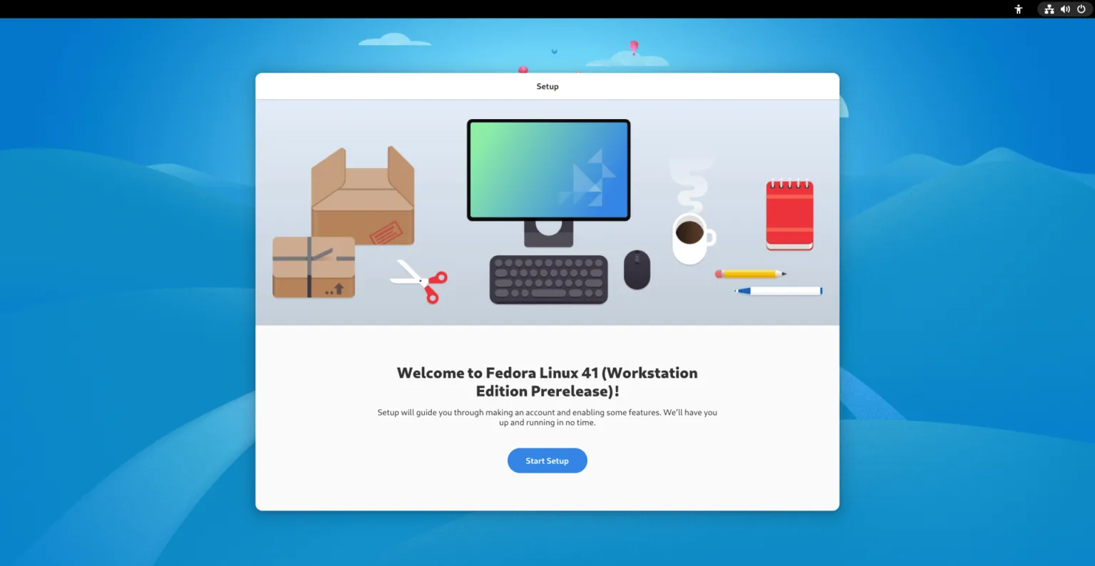 Fedora Workstation 41: as novidades que você precisa conhecer 1 Tela de boas-vindas do Fedora Linux 41 Workstation Edition Prerelease, exibindo uma ilustração de computador, teclado e materiais de escritório, com a mensagem para iniciar a configuração.