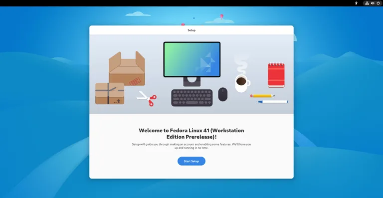 Tela de boas-vindas do Fedora Linux 41 Workstation Edition Prerelease, exibindo uma ilustração de computador, teclado e materiais de escritório, com a mensagem para iniciar a configuração.