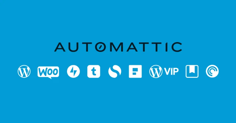 Logotipo da Automattic com ícones dos produtos WordPress, WooCommerce, Tumblr e outros, sobre fundo azul