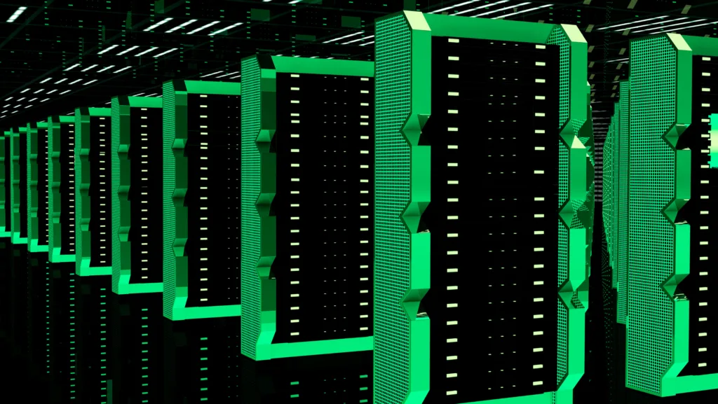 Imagem de um data center com fileiras de servidores iluminados em tons de verde, destacando a estrutura tecnológica e a infraestrutura de armazenamento de dados.