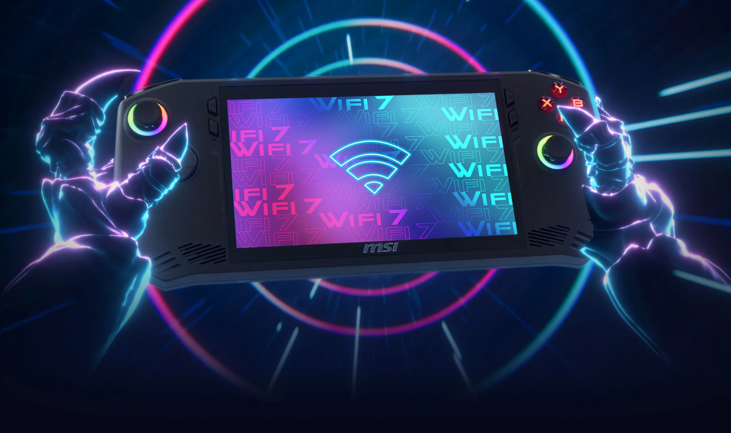 Linux 6.12-rc4 adiciona suporte ao MSI Claw A1M e ao controle 8BitDo ultimate 2C 2 Dispositivo portátil MSI Claw A1M com tela de 7 polegadas exibindo Wi-Fi 7, cercado por um efeito de luz neon, destacando os botões de controle de jogo.