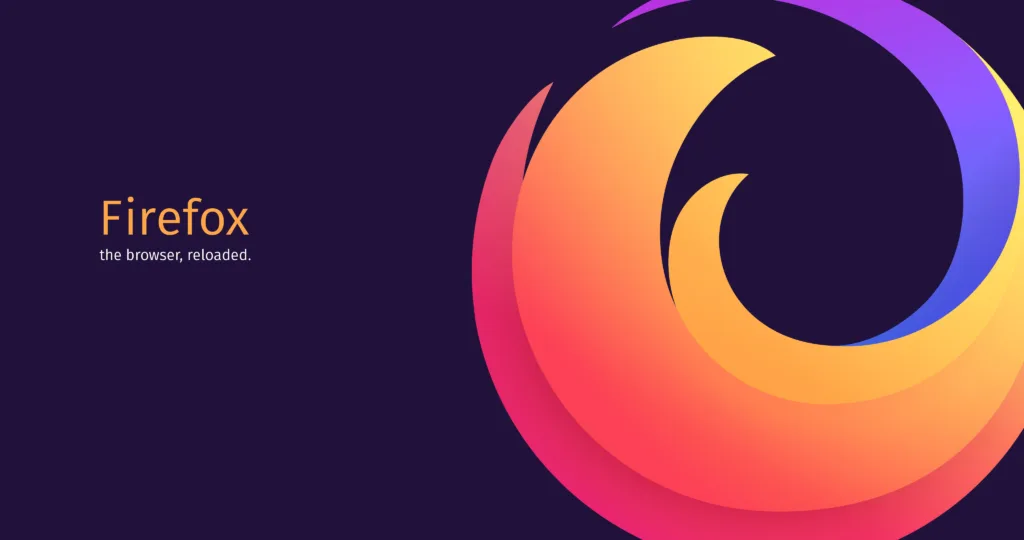 Logo do Firefox em tons de laranja e roxo com fundo roxo escuro e texto 'Firefox the browser, reloaded'.