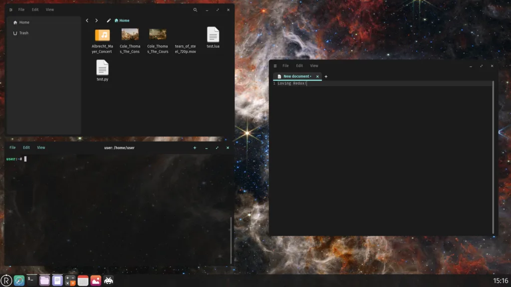 Captura de tela do ambiente de trabalho do Redox OS 0.9.0 com várias janelas abertas, incluindo o gerenciador de arquivos, terminal e editor de texto, tudo com o tema escuro e um fundo de espaço estelar.