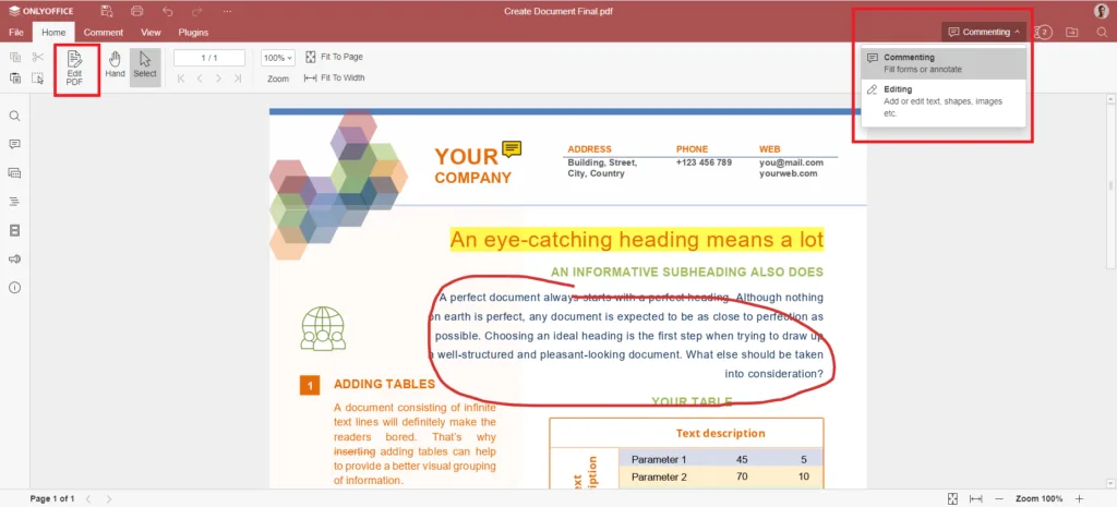 Editor de PDF do ONLYOFFICE com várias ferramentas de edição e colaboração em tempo real, destacando um documento com texto marcado e editado por diferentes usuários.