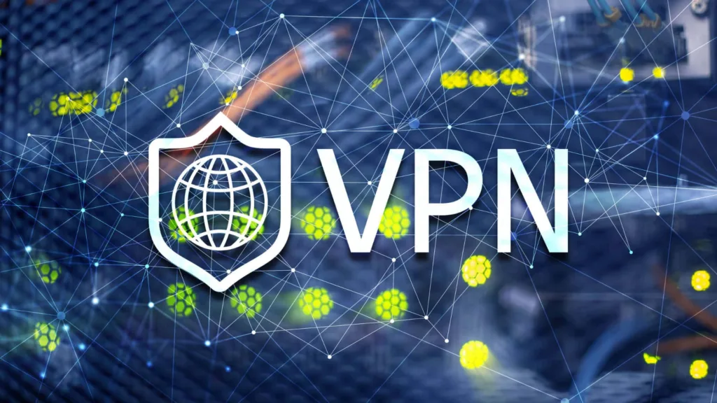 Ilustração de uma rede VPN com ícones de segurança e conexões em rede, representando a proteção e o desempenho melhorados fornecidos por uma VPN.