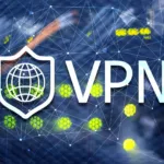Ilustração de uma rede VPN com ícones de segurança e conexões em rede, representando a proteção e o desempenho melhorados fornecidos por uma VPN.