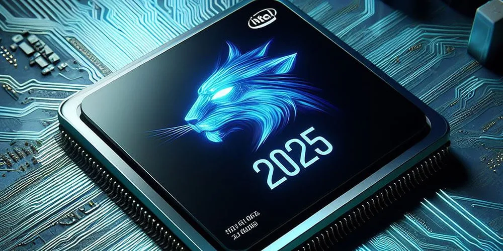 Chip Intel com ilustração de uma pantera azul brilhante e o ano 2025, simbolizando o lançamento futuro dos processadores Panther Lake.