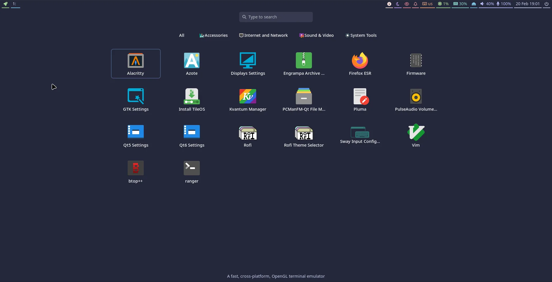 TileOS 1.2 "T-Rex" lançado com foco em gerenciadores de janelas Wayland 2 Tela do menu de aplicativos no TileOS com ícones de várias ferramentas e utilitários, incluindo Alacritty, Firefox ESR e PulseAudio.
