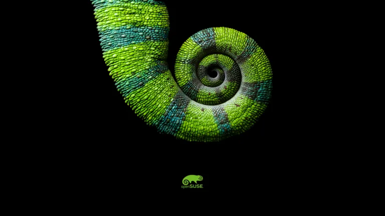 Cauda em espiral de camaleão com textura detalhada em tons de verde e azul, representando a identidade visual do openSUSE.