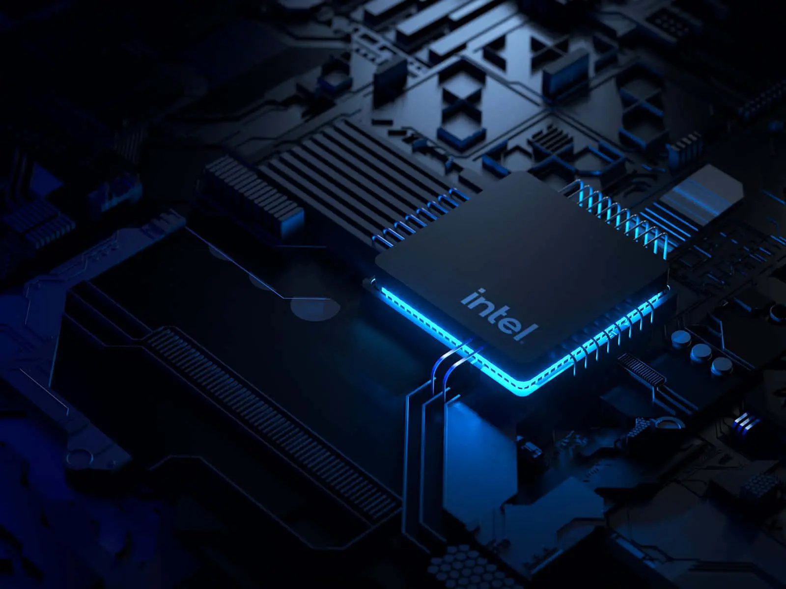 Chip Intel Panther Lake em uma placa-mãe, representando a nova geração de processadores suportada no Linux 6.12.