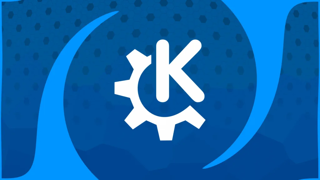 Logotipo do KDE Plasma com um fundo escuro, apresentando uma seta estilizada e três círculos azuis.