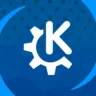 Logotipo do KDE Plasma com um fundo escuro, apresentando uma seta estilizada e três círculos azuis.