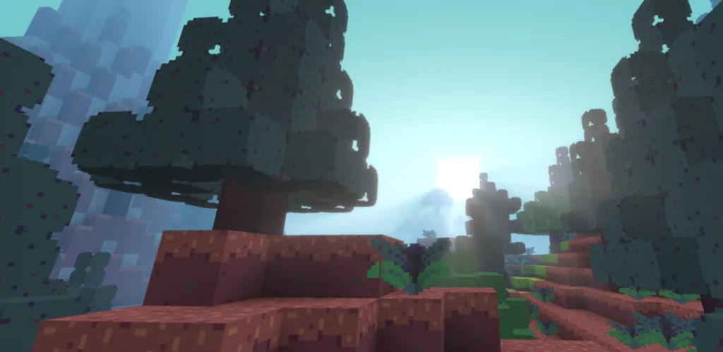 Cenário natural com árvores estilizadas e um pôr do sol em um mundo voxel gerado no Luanti, destacando a atmosfera imersiva.