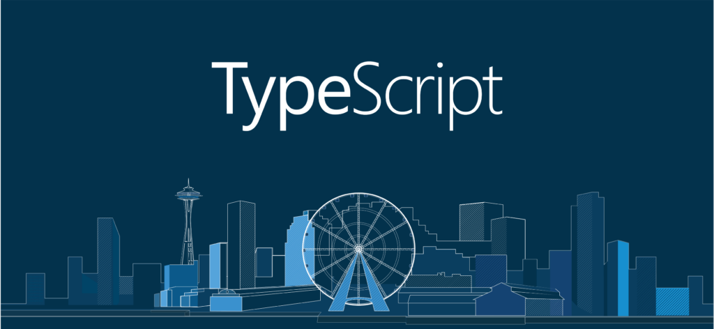 Logotipo do TypeScript com uma linha do horizonte estilizada de Seattle ao fundo, incluindo a roda gigante e o Space Needle.