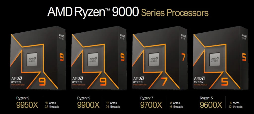 Imagem mostrando quatro caixas de processadores da série AMD Ryzen 9000, incluindo os modelos Ryzen 9 9950X com 16 núcleos e 32 threads, Ryzen 9 9900X com 12 núcleos e 24 threads, Ryzen 7 9700X com 8 núcleos e 16 threads, e Ryzen 5 9600X com 6 núcleos e 12 threads.