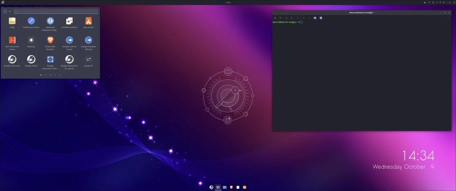 Captura de tela do Ubuntu Budgie 24.10 exibindo o menu de aplicativos e o terminal xfce4-terminal aberto, com tema escuro e papel de parede personalizado.