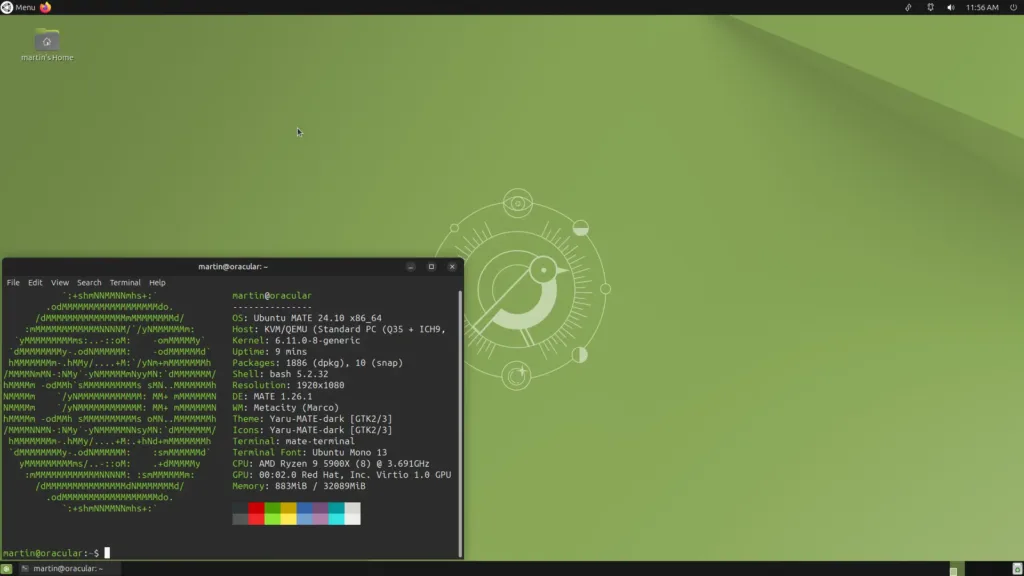 Captura de tela do Ubuntu MATE 24.10 mostrando informações do sistema no terminal, incluindo a versão do sistema operacional, kernel Linux 6.11, e especificações de hardware.