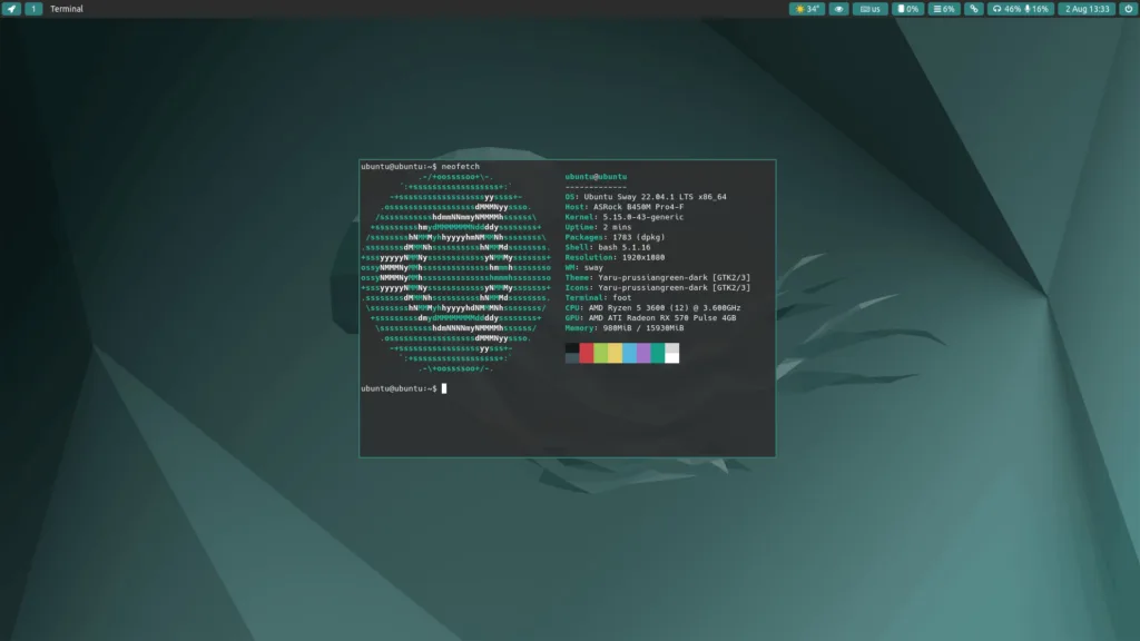 Terminal no Ubuntu Sway Remix exibindo o comando neofetch com informações do sistema, como versão do Ubuntu, tema, e especificações de hardware.