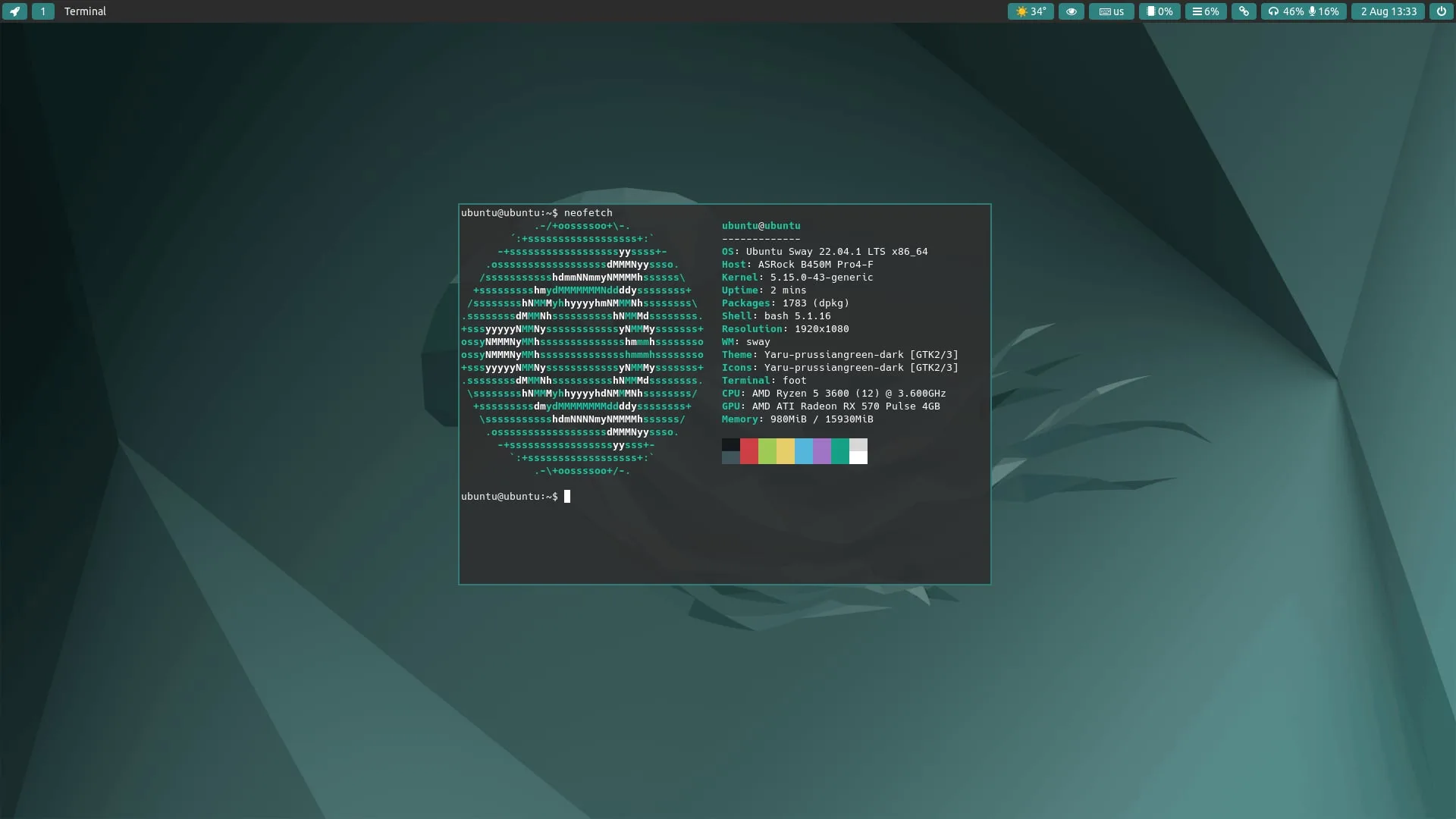 Lançamento do Ubuntu Sway Remix 24.10 2 Terminal no Ubuntu Sway Remix exibindo o comando neofetch com informações do sistema, como versão do Ubuntu, tema, e especificações de hardware.