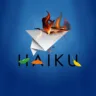 Logo do sistema operacional Haiku com design de avião de papel em chamas, sobre fundo azul.