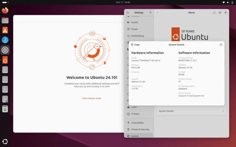 Tela de boas-vindas do Ubuntu 24.10 com informações de hardware e software, mostrando detalhes sobre o Lenovo ThinkPad T14s Gen 6 com 64 GB de RAM e o processador Snapdragon X1 Elite, rodando o GNOME 47 e o kernel Linux 6.11.