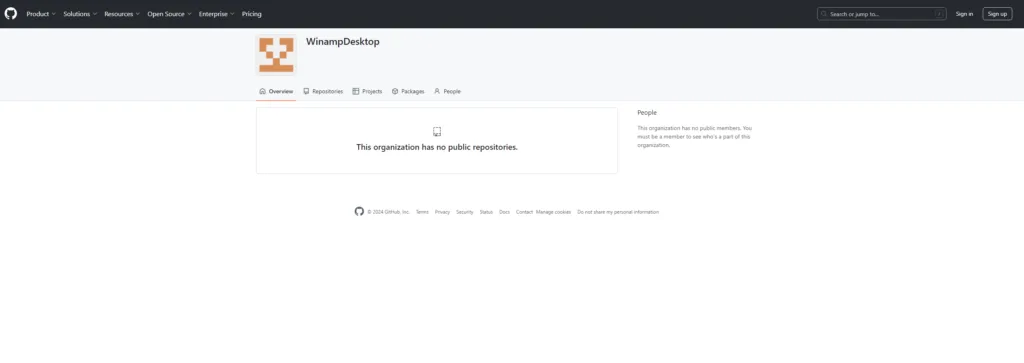 Página do GitHub da organização WinampDesktop exibindo a mensagem 'This organization has no public repositories', indicando que não há repositórios públicos disponíveis