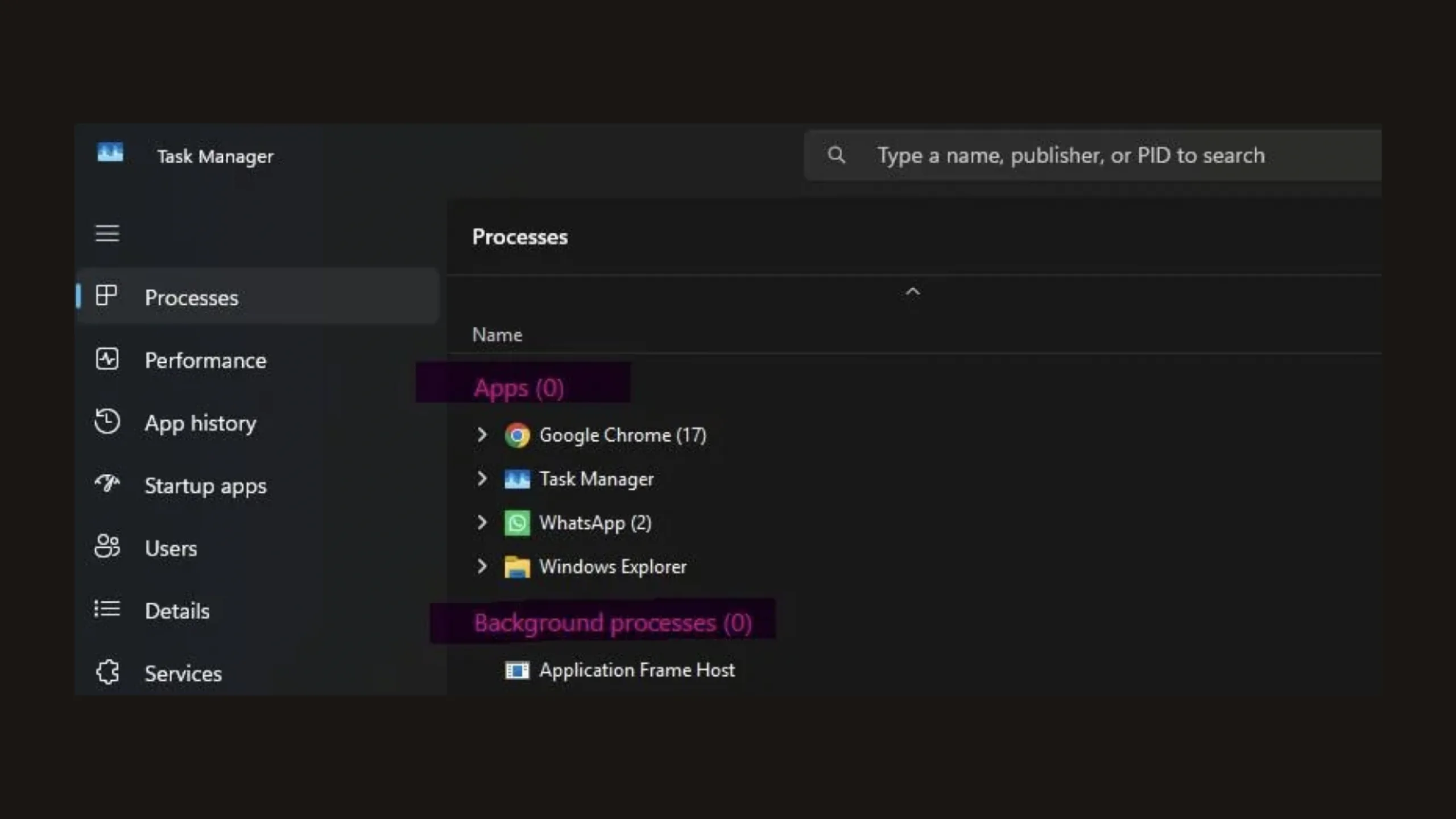 Gerenciador de Tarefas do Windows 11 mostra zero aplicativos ativos após atualização de visualização 2 Bug do Gerenciador de Tarefas do Windows 11