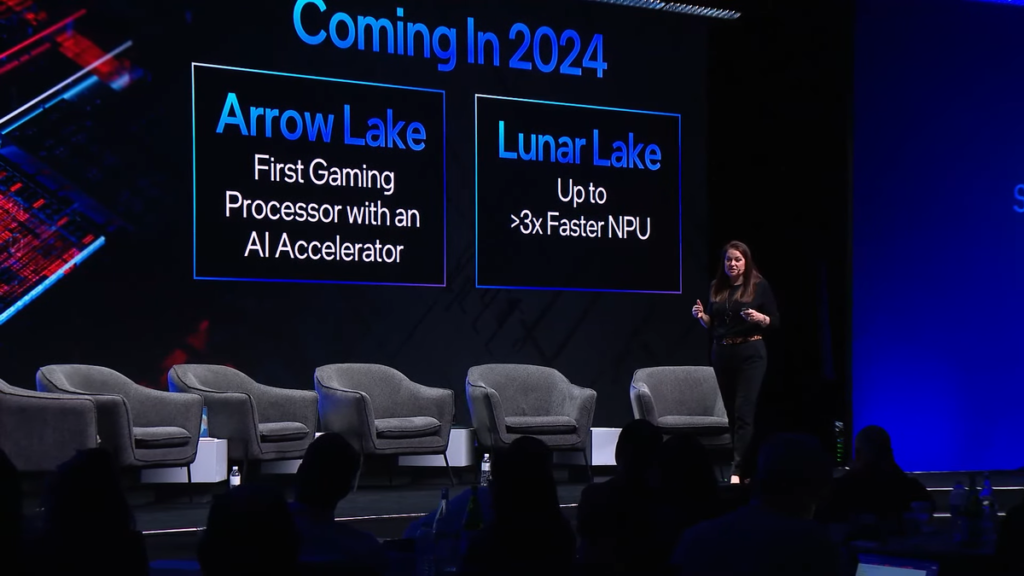 Apresentação em 2024 dos processadores Arrow Lake e Lunar Lake da Intel, destacando o Arrow Lake como o primeiro processador de jogos com acelerador de IA e o Lunar Lake com NPU até 3 vezes mais rápido.