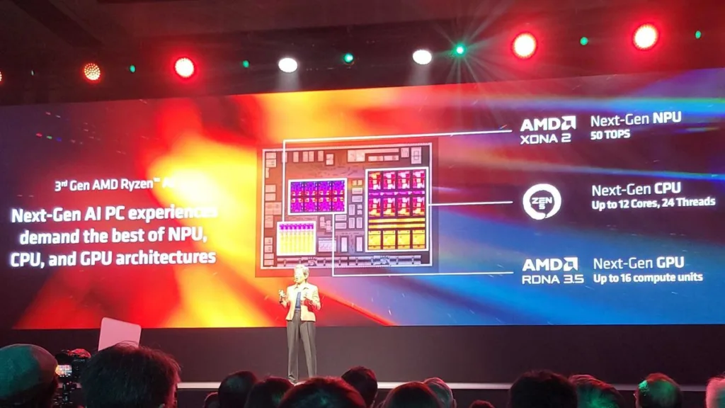 Evento AMD onde o palestrante apresenta o Ryzen AI 300 "Strix Point" ao público.