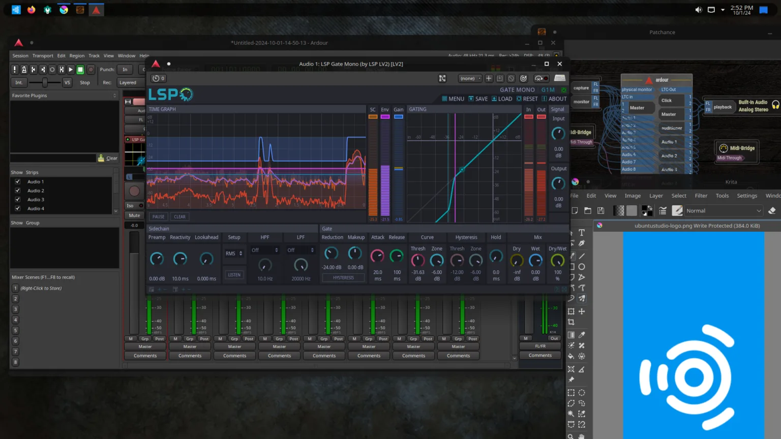 Ubuntu Studio 24.10: nova workstation multimídia linux gratuita 1 Captura de tela do Ubuntu Studio 24.10 mostrando ferramentas de áudio e edição gráfica, incluindo Ardour, Patchance e Krita, com o tema visual 'Orchis' e a interface do Plasma 6.