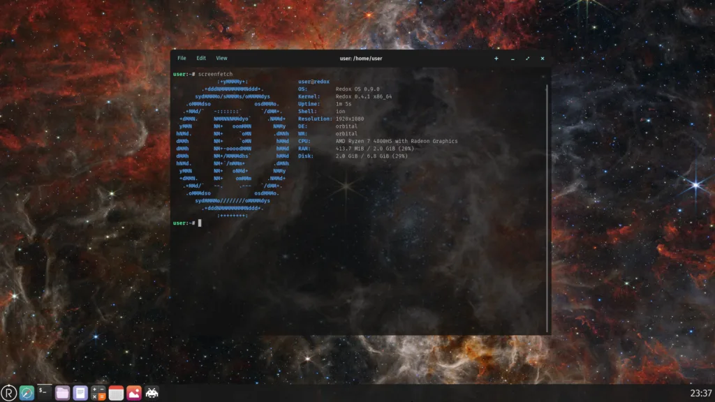 Captura de tela do Redox OS 0.9.0 com o terminal aberto mostrando o comando screenfetch, com informações do sistema, incluindo kernel Redox 0.4.1, DE Orbital e CPU AMD Ryzen 7 4800HS, com um fundo de espaço estelar.