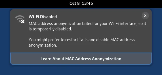 Notificação de falha na anonimização do endereço MAC, desativando temporariamente a interface Wi-Fi no Tails 6.8.