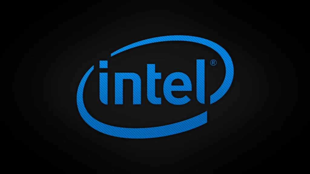 Logotipo da Intel em azul sobre um fundo preto texturizado, representando a identidade visual da marca.