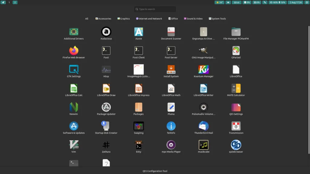 Menu de aplicativos do Ubuntu Sway Remix mostrando uma lista de aplicações instaladas, incluindo Firefox, LibreOffice e Neovim.