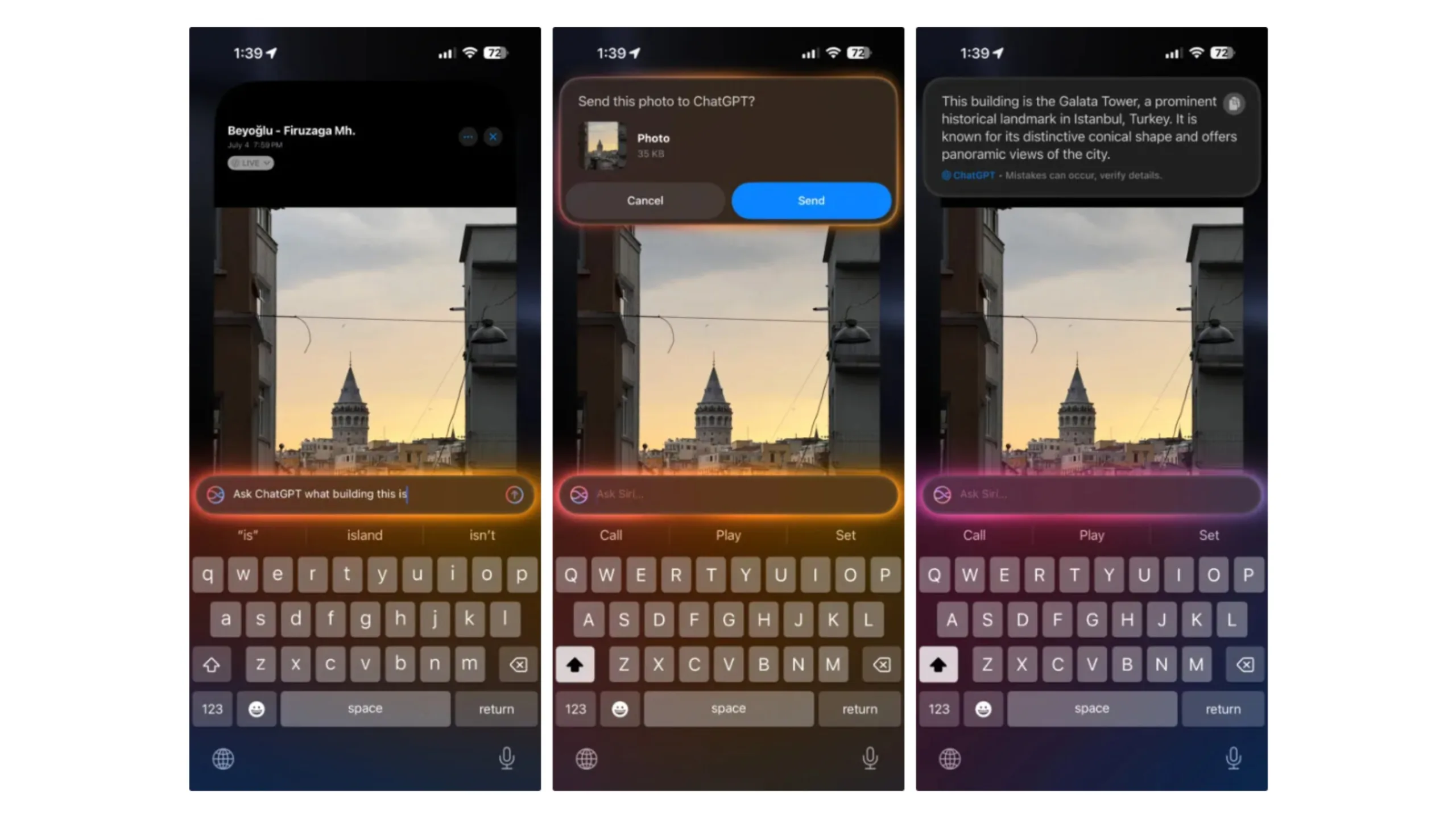 iOS 18.2 traz função de análise de tela com ChatGPT, inspirada no Google 2 Imagem de tela de iPhones com o novo recurso Siri do iOS 18.2
