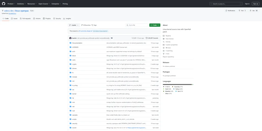 Página do repositório GitHub 'edera-dev/linux-openpax' mostrando a árvore de arquivos do código-fonte do kernel Linux com o patch OpenPaX, incluindo pastas como 'Documentation', 'LICENSES', 'arch', 'block', 'drivers', entre outras. Exibe o commit recente de 9 horas atrás e informações sobre o uso de diferentes linguagens, como C e Assembly.