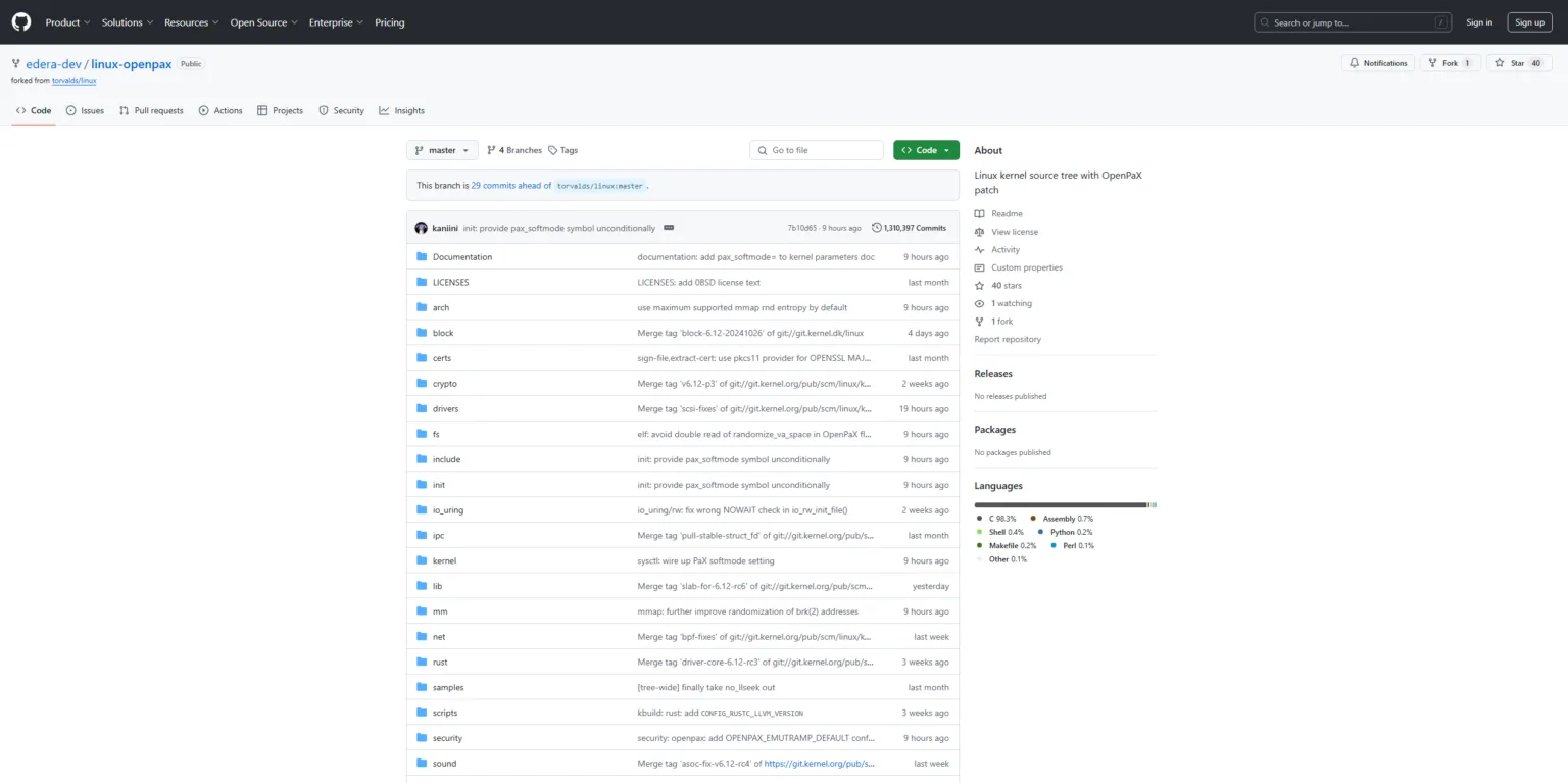 OpenPaX restaura segurança de memória para Linux com patch gratuito e open-source 1 Página do repositório GitHub 'edera-dev/linux-openpax' mostrando a árvore de arquivos do código-fonte do kernel Linux com o patch OpenPaX, incluindo pastas como 'Documentation', 'LICENSES', 'arch', 'block', 'drivers', entre outras. Exibe o commit recente de 9 horas atrás e informações sobre o uso de diferentes linguagens, como C e Assembly.