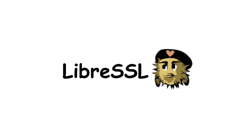 Logotipo do LibreSSL com um mascote em estilo cartoon usando boina preta com coração e texto 'LibreSSL' ao lado.