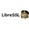 Logotipo do LibreSSL com um mascote em estilo cartoon usando boina preta com coração e texto 'LibreSSL' ao lado.