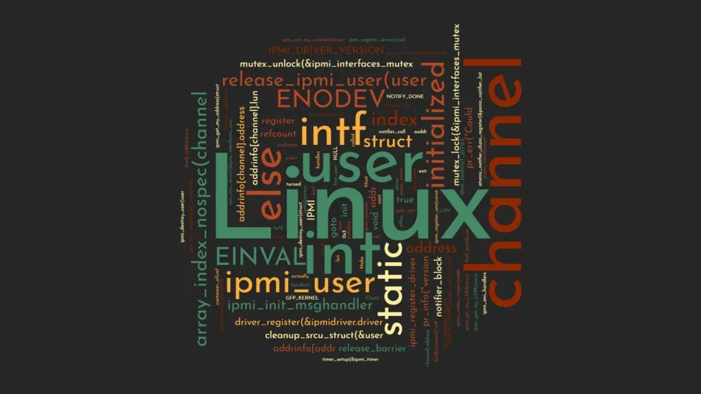 Nuvem de palavras relacionadas a termos e códigos do Linux Kernel, destacando palavras como 'Linux', 'user', 'channel', 'int', 'static', 'ipmi', 'mutex', e outras usadas em patches e desenvolvimento do kernel.