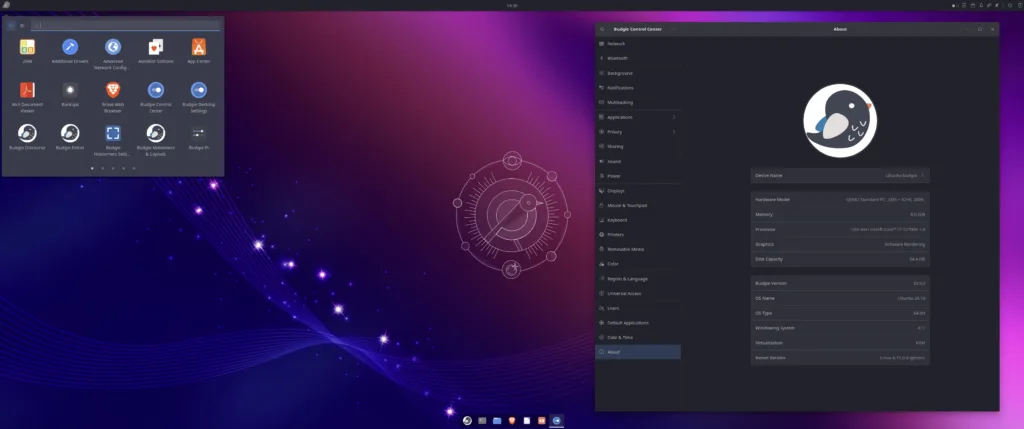 Captura de tela do Ubuntu Budgie 24.10 mostrando o menu de aplicativos e o Budgie Control Center, com o tema escuro e o papel de parede personalizado do sistema.