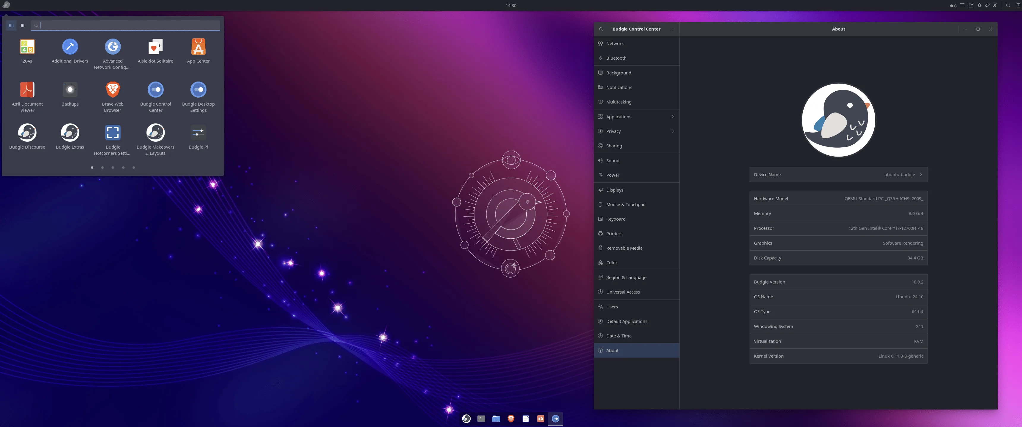 Ubuntu Budgie 24.10: nova versão com melhorias no desktop e suporte a Wayland 2 Captura de tela do Ubuntu Budgie 24.10 mostrando o menu de aplicativos e o Budgie Control Center, com o tema escuro e o papel de parede personalizado do sistema.