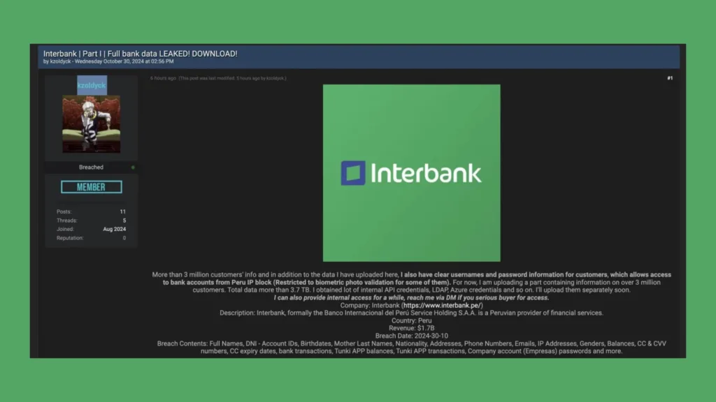 Dados roubados do Interbank estão à venda