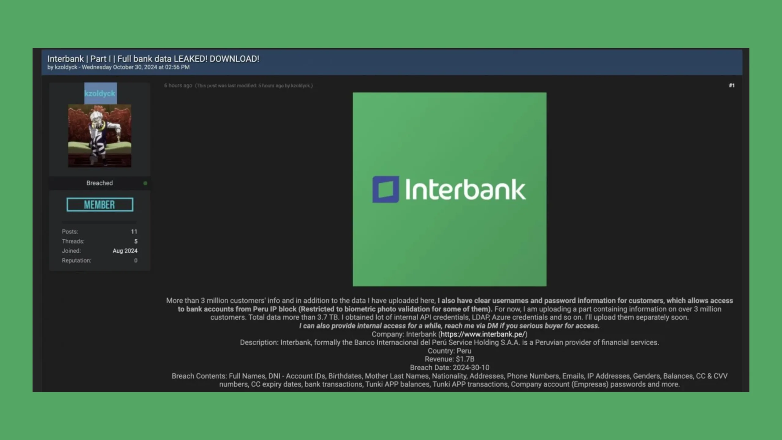 Interbank confirma vazamento de dados após tentativa de extorsão e exposição na internet 2 Dados roubados do Interbank estão à venda