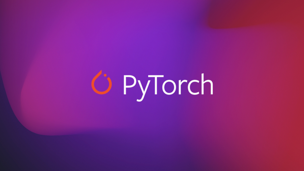 Logotipo do PyTorch em fundo gradiente roxo e vermelho.