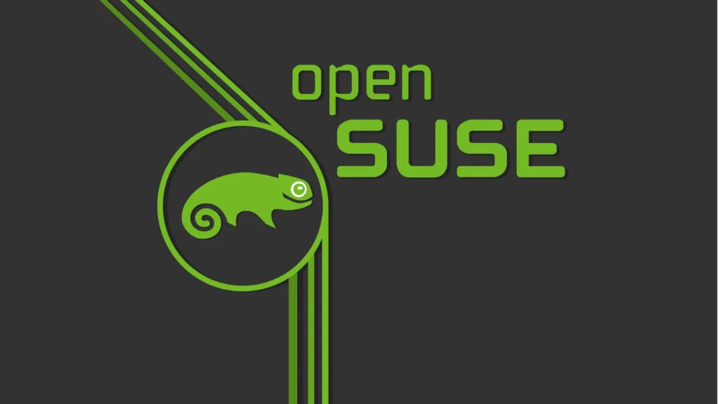 Logotipo do openSUSE em fundo escuro com linhas verdes estilizadas ao redor de um camaleão.