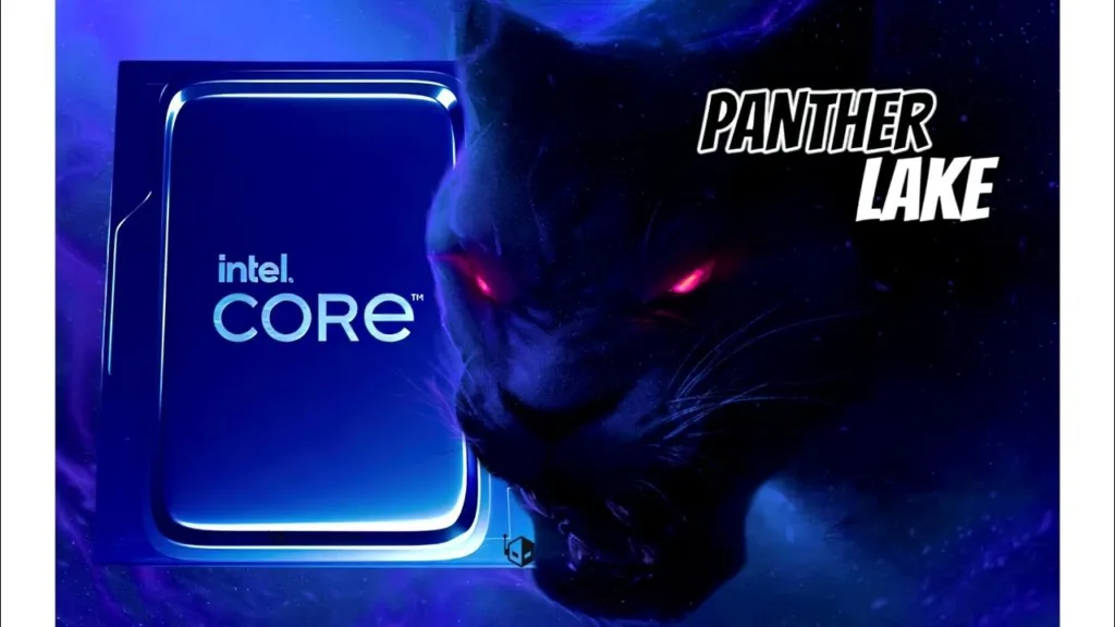 Logotipo Intel Core com ilustração de uma pantera preta em fundo azul, representando a linha de processadores Panther Lake da Intel.