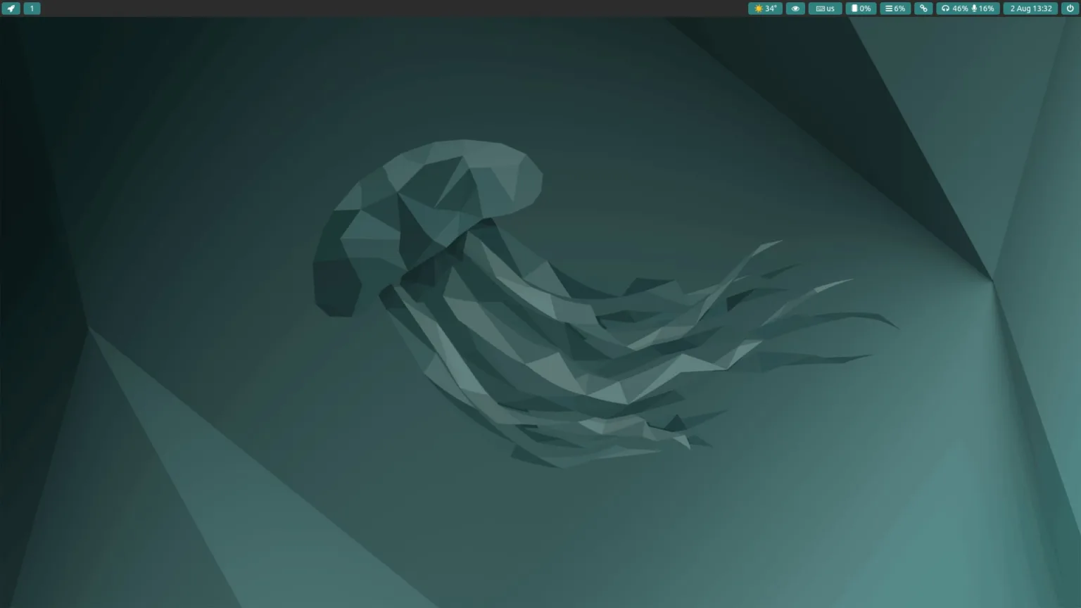 Lançamento do Ubuntu Sway Remix 24.10 1 Área de trabalho do Ubuntu Sway Remix com um papel de parede minimalista representando uma água-viva.